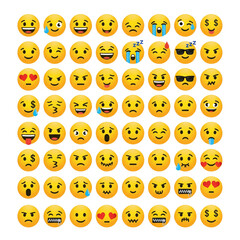 A large collection of yellow cartoon emoji faces depicting diverse emotions, expressions, and feelings. Vector illustration set.