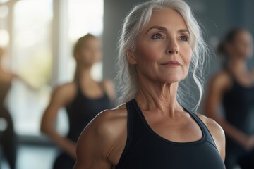 An older woman with gray hair is doing fitness in the gym, promoting an active lifestyle and longevity.