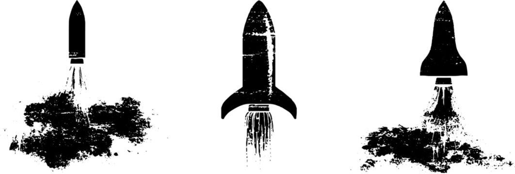 Grunge black and white rocket set stencil for urban design and decor