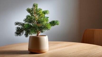 A beautiful, minimalist tabletop with a single, small Christmas tree in a plain ceramic pot