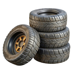 Obraz premium Stacked Worn Car Tires With Orange Wheel isolated on a transparent background rubber tread