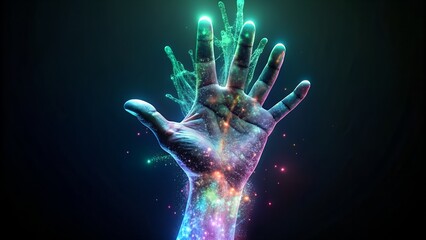Hand Infused with Colorful Cosmic Nebula human energy.