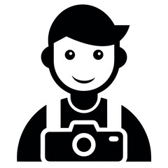 Photographer Icon Smiling Person Wearing a Camera with Strap, Black and White Illustration
