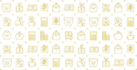 Seamless finance pattern, money savings icons, piggy bank, coins, dollar bills, calculator, investment growth, banking, economy, wealth management, cad drawing flat vector illustration