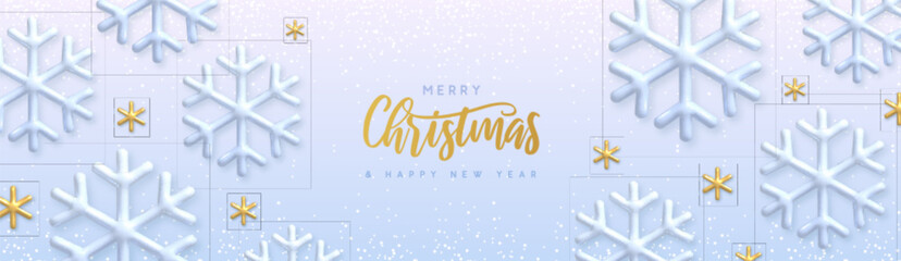 Merry Christmas and happy New Year banner or poster with 3d white and gold snowflakes. Christmas holiday white background. Vector illustration