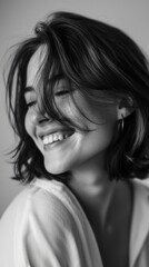 Smiling woman with medium lob haircut and hoop earring in monochrome portrait, expressing joy and natural beauty with soft lighting and casual style