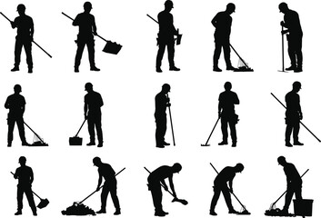 Obraz premium Silhouette construction workers, men using shovel and rake, digging ground, carrying tools, heavy labor, road work, industrial job, vector black worker silhouettes illustration
