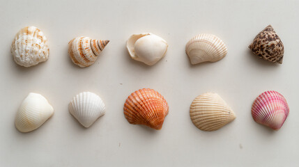 Beautiful shells and seashells arranged on a beach showcasing ocean and nature patterns