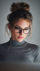 Young woman with glasses and messy bun hairstyle wearing gray turtleneck looking down thoughtfully in soft light