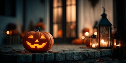 Fototapeta premium Cheerful Halloween Pumpkin with Glowing Face on Porch at Night Near Lanterns and Fall Decorations