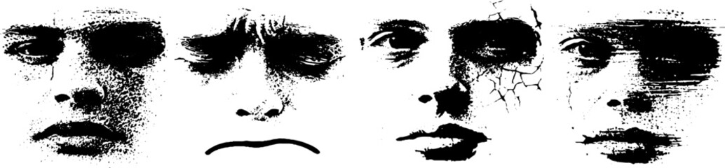 Grunge black and white set of sad faces for emotional design and urban art projects