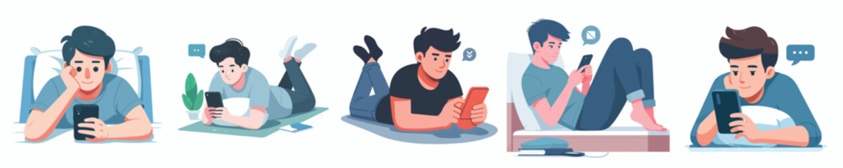 vector of a man lying down relaxing facing a cellphone screen