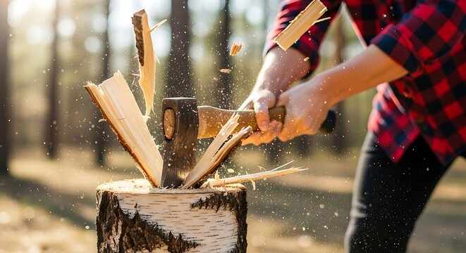 Axe Chopping Wood on Stump in Forest with Flying Splinters