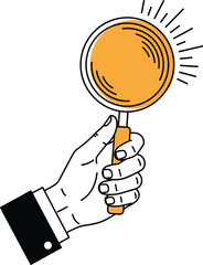 Hand holding magnifying glass, search icon, investigation concept, flat design, cartoon illustration, vector art, research symbol, analysis, discovery, focus