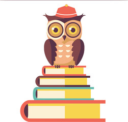 Wise owl sits on stack of books in back to school vector illustration