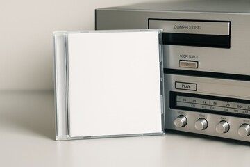 Blank CD case mockup leaning against retro stereo system on clean surface for branding or design presentation concept with copyspace template. Ai generative