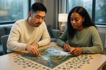 Fototapeta premium Couple assembling jigsaw puzzle together during cozy indoor afternoon, enjoying quiet hobby and leisure time in softly lit modern home background. Ai generative