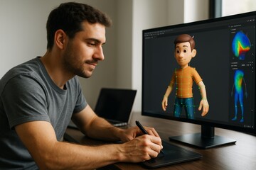 Man using digital tablet to work on 3D character animation on computer in modern studio with soft light and minimal background setup. Ai generative