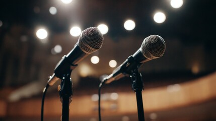 Dual stage microphones with warm bokeh lights in auditorium, close-up live sound setup