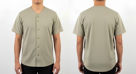 A man wearing a short-sleeved, button-up baseball jersey from the front and back, showcasing its classic design and fit for casual wear or athletic activities