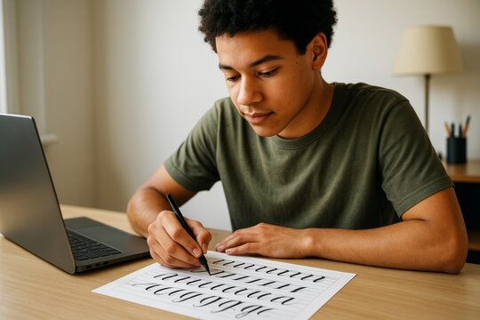 Teenager practicing modern calligraphy at desk with pen and guide sheet, laptop beside, cozy home setting with warm light in background. Ai generative - Powered by Adobe