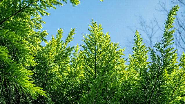 Arbor Day: Evergreen and Pine Forest with a Blue Sky and White Clouds, Natural Background - Powered by Adobe