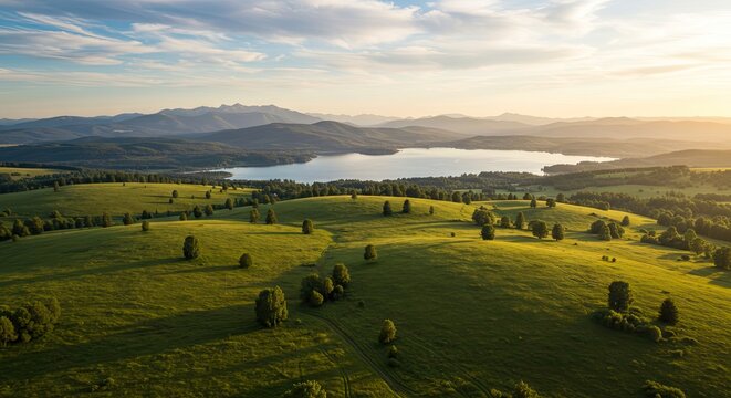 Golden hour sunlight illuminates a vast pastoral scene of rolling hills, a calm lake, and a majestic mountain range