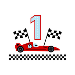 1st birthday design logo, emblem for party, invitation, decor, T-shirt, room poster. Race car theme boy birthday. Red racing car, number 1 and checkered finish flags. Vector illustration.