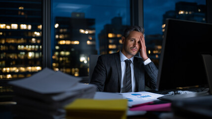 Business executive sitting alone late at night in office, feeling defeated and exhausted.