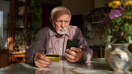 Worried senior man using smartphone and credit card