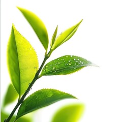 Fototapeta premium Fresh tea leaves with dew drops on a bright background, symbolizing nature and health