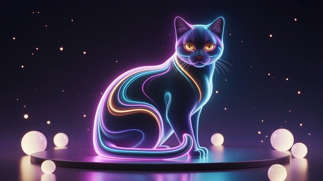 A cute cartoon kitten gazes at the night sky, a silhouette of a mouse on the moon with stars and a heart