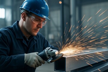 Industrial worker in protective gear using angle grinder on metal beam with bright sparks flying in workshop background for creative concept use. Ai generative