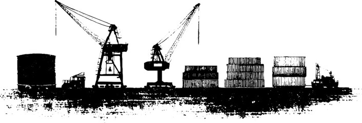 Obraz premium Industrial shipyard scene in grunge black and white silhouette - urban port design for poster or decor
