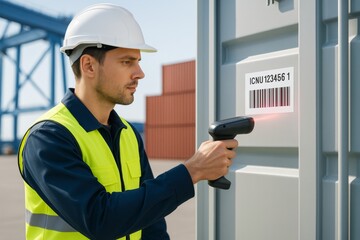 Worker scanning shipping container barcode with handheld device in port area under daylight, industrial logistics background concept. Ai generative
