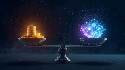 Conceptual illustration of the balance between wealth and intelligence, with gold coins and a digital brain on a scale