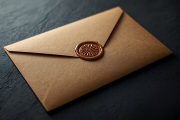 Elegant brown paper envelope sealed with a round golden wax seal on a dark textured background