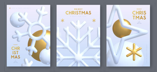 Set of Merry Christmas and New Year covers, posters or greeting cards with 3d plastic and metallic snowflakes on white background. Vector illustration
