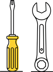Screwdriver and wrench tools, cartoon illustration, vector art, hand tools, repair, maintenance, construction, hardware, DIY, mechanical, equipment