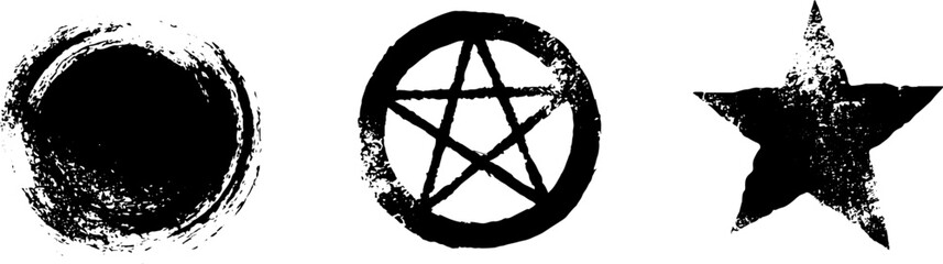Grunge black and white symbols set featuring circle, pentagram, and star - design for urban art and tattoos