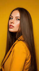 Young woman with long straight brown hair wearing yellow jacket posing against yellow background with confident expression and smooth skin