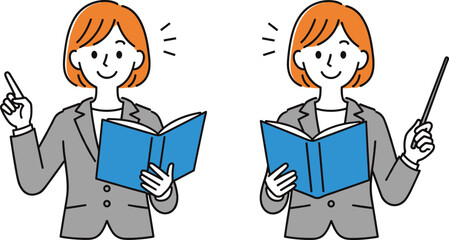 Teacher character with book, pointing gesture, cartoon illustration, flat design, vector art, education concept, presentation, instruction, learning, explanation, guidance