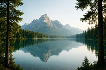 Serene mountain landscape with pine trees reflected in calm lake water during soft morning light, framed by forest foreground. Ai generative. Ai generative