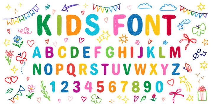 Naklejki Crayon kids font, doodle funny playful alphabet. Hand drawn scribble kid typescript numbers. School wax crayon abc cute kindergarten handwriting playful letters. Colorful English alphabet and numbers