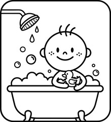 Bath, baby, cute, vector, illustration, bathtub, shower, outline, drawing, bubbles, rubber, duck, clean, fun, smile, water, playtime, doodle, cartoon, character, soap,
