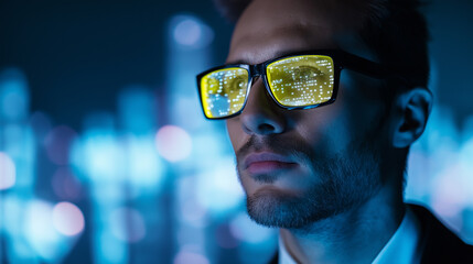 Stylish man wearing glasses with city lights and digital code reflections at night.
