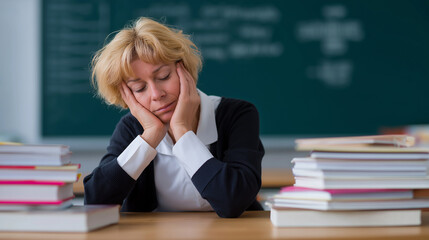 Tired female teacher resting head on hands between piles of books in classroom.
