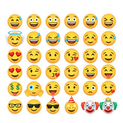 Comprehensive set of 3D yellow emoji faces with diverse expressions including happy, sad, laughing, and clown icons for social media