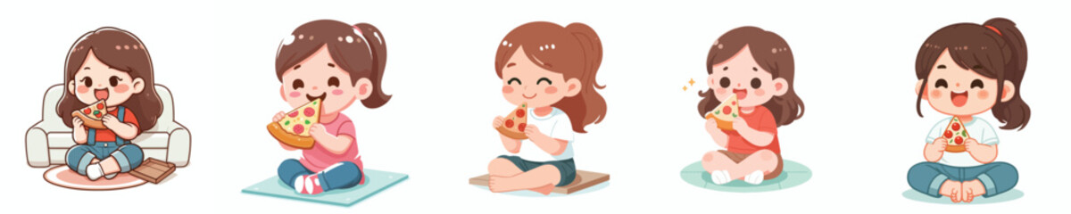 vector of a cute little girl eating pizza