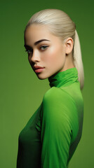 Young woman with sleek blonde ponytail hairstyle wearing green turtleneck top posing against green background with calm expression and soft makeup